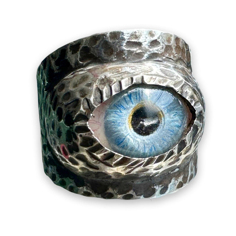 Thorns & Roses Hand Painted Blue Silver Eye Ring