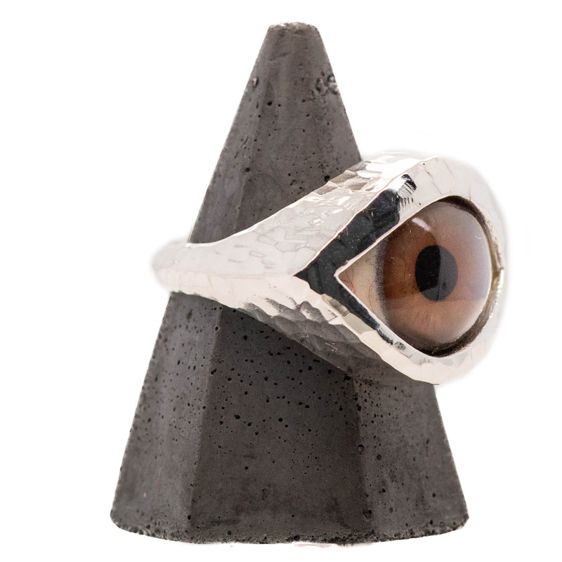 Hand Painted Brown Silver Hammered Eye Ring