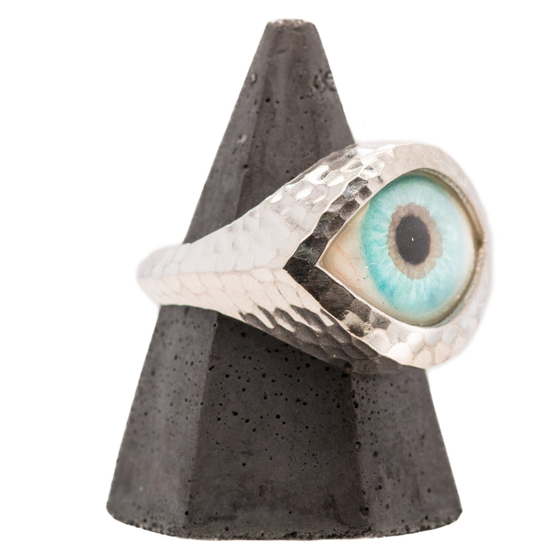 Hand Painted Turquoise Silver Hammered Eye Ring