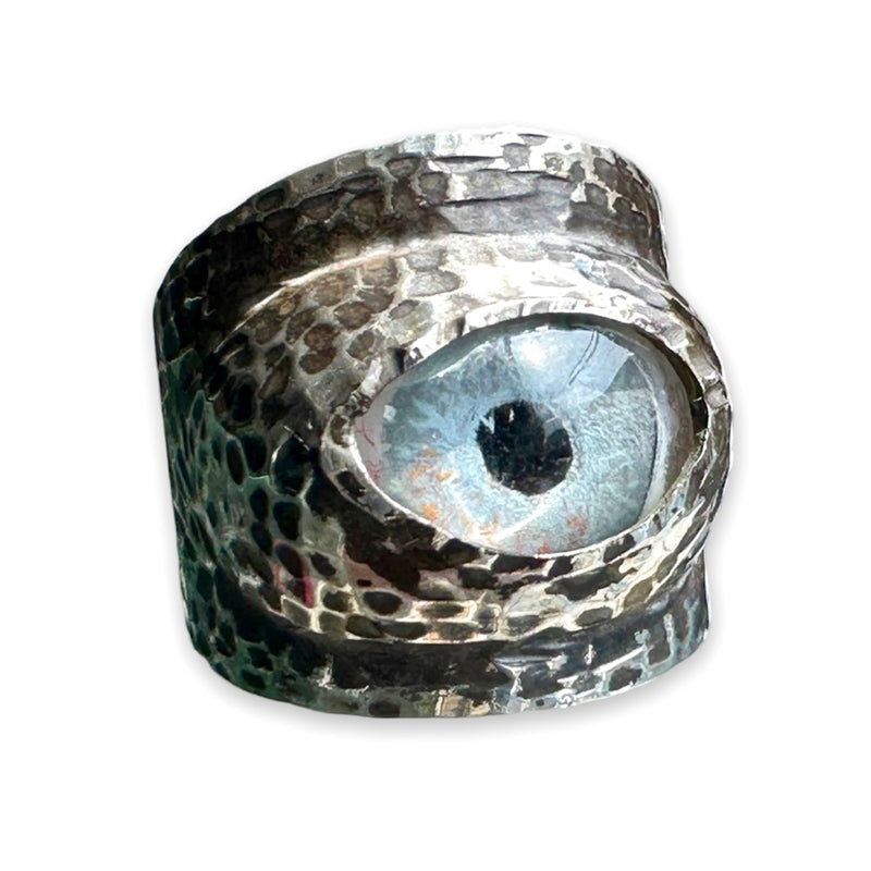 Thorns & Roses Hand Painted Blue Silver Eye Ring