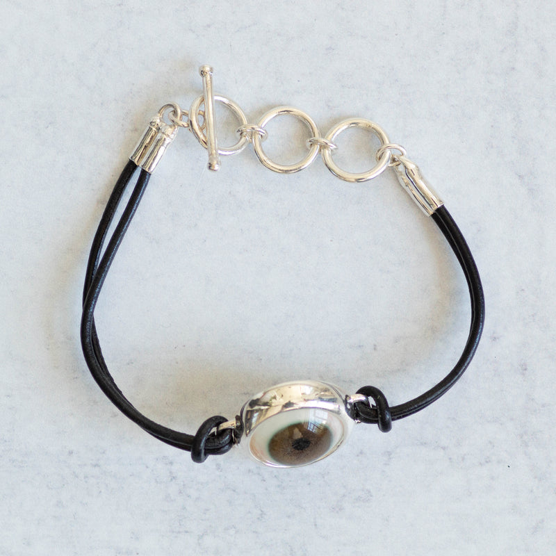 Hand Painted Brown Silver Leather Eye Bracelet