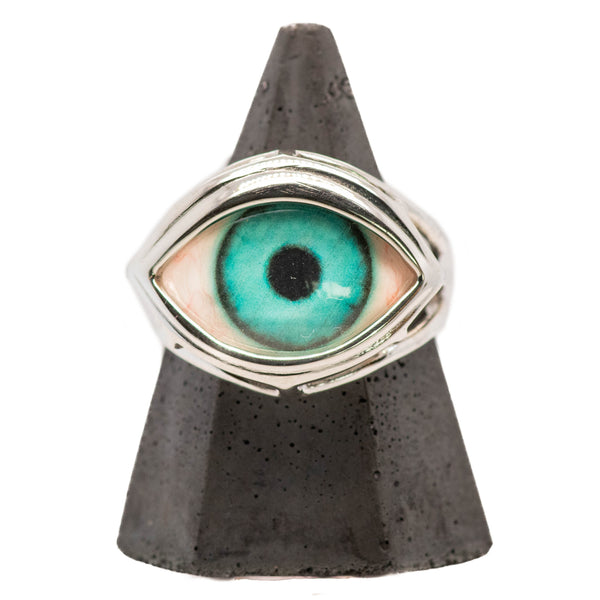 Hand Painted Turquoise Silver Skeleton Eye Ring