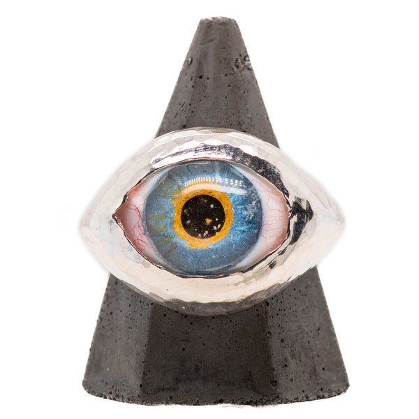 Hand Painted Blue Silver Hammered Eye Ring