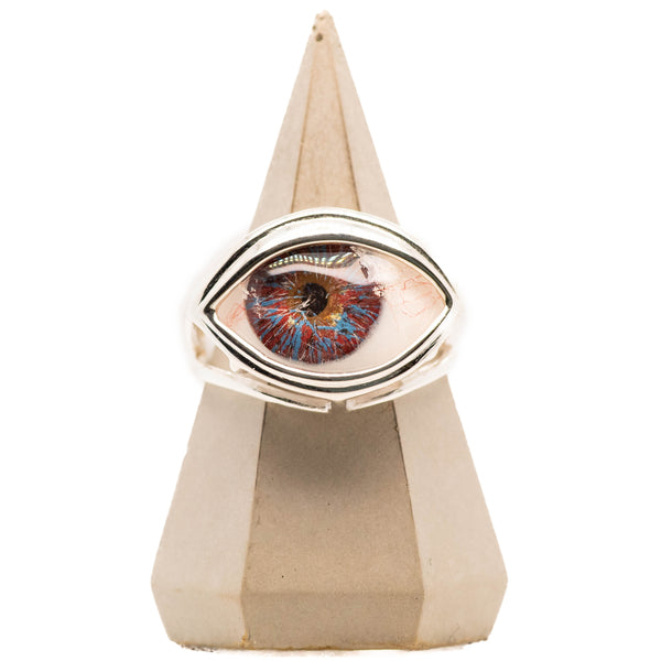 Hand Painted Red Blue Silver Skeleton Eye Ring