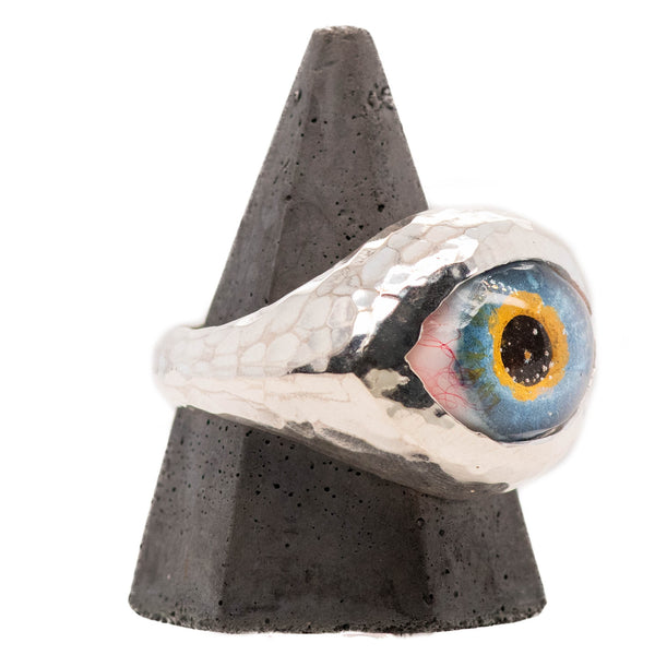 Hand Painted Blue Silver Hammered Eye Ring