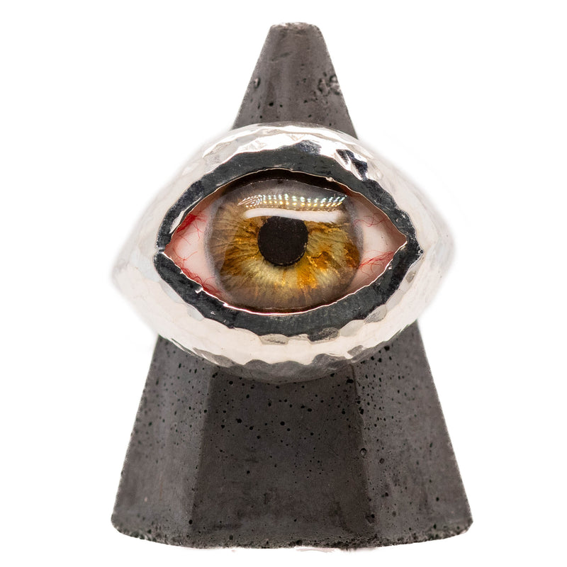 Hand Painted Hazel Silver Hammered Eye Ring