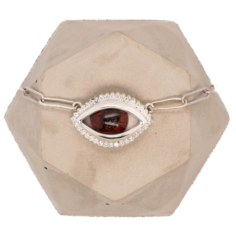 Hand Painted Red Silver Dali Eye Necklace with Moissanite Halo