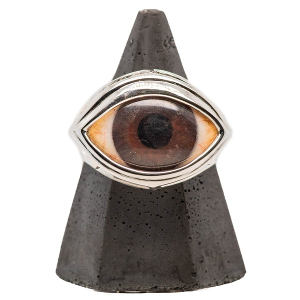 Hand Painted Brown Silver Skeleton Eye Ring