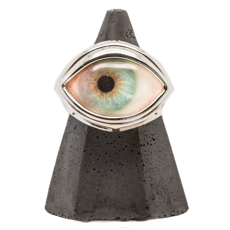 Hand Painted Blue Silver Skeleton Eye Ring