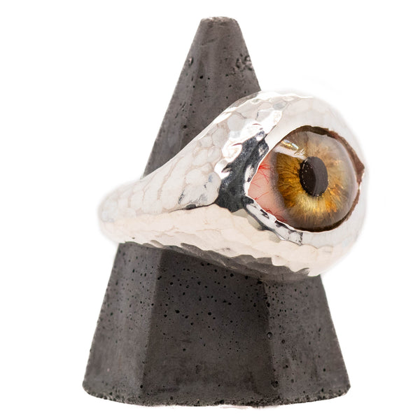 Hand Painted Hazel Silver Hammered Eye Ring