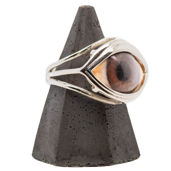 Hand Painted Brown Silver Skeleton Eye Ring