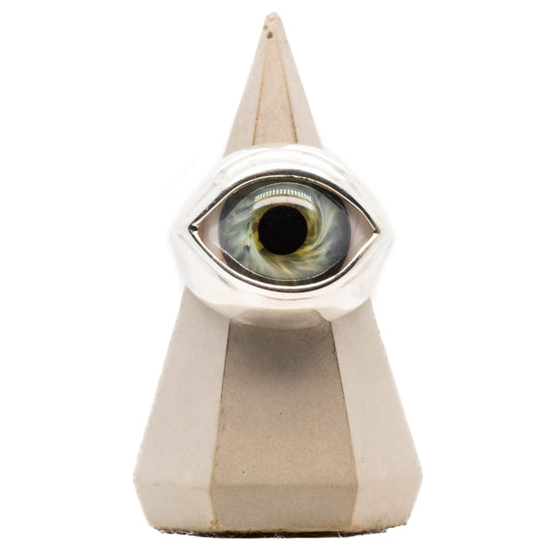 Green Silver Classic Glass Eye Ring