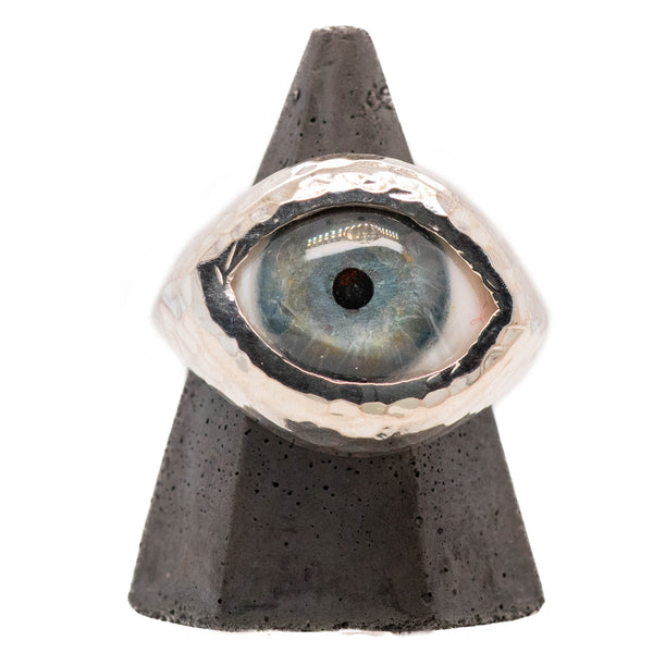 Hand Painted Blue Silver Hammered Eye Ring