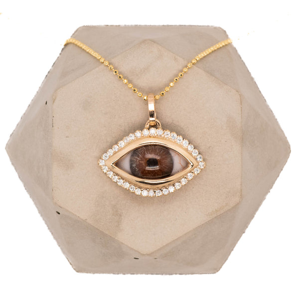 Hand Painted Brown Gold Dali Eye Pendant with Moissanite Halo