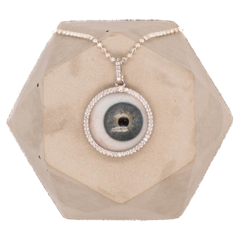 Blue Grey Blown Glass Eye Pendant with Halo