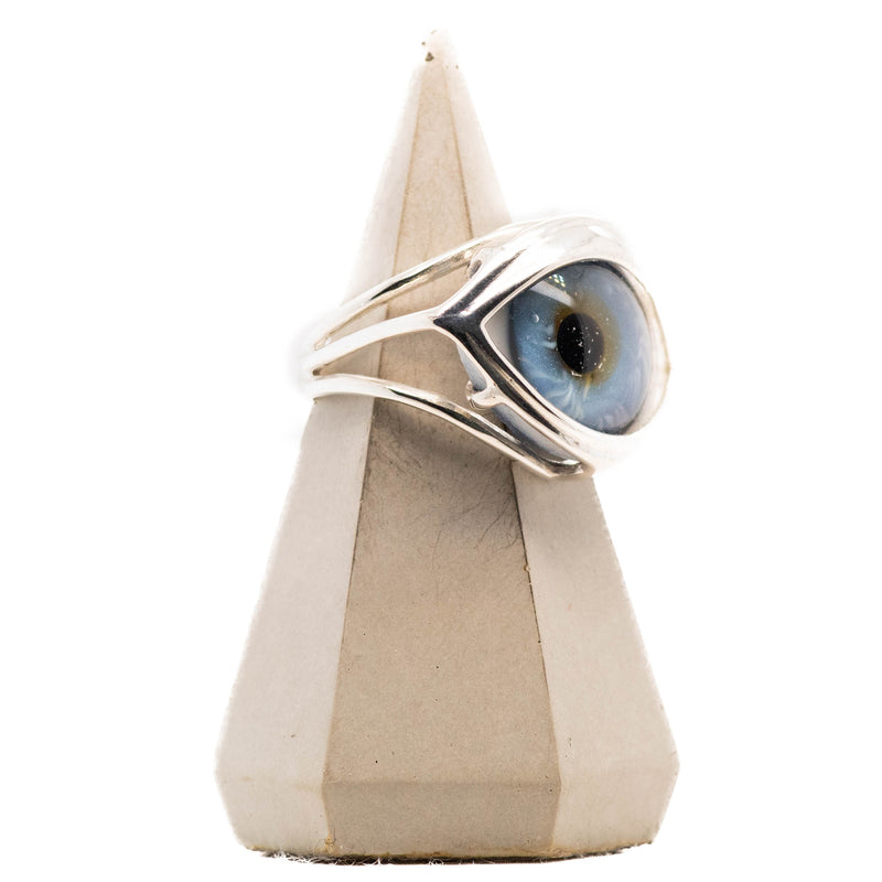 Blue Hazel Glass Silver Skeleton Eye Ring