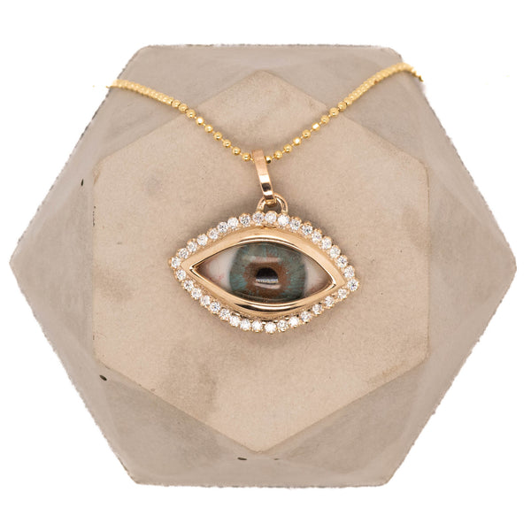 Hand Painted Blue Brown Gold Dali Eye Pendant with Moissanite Halo