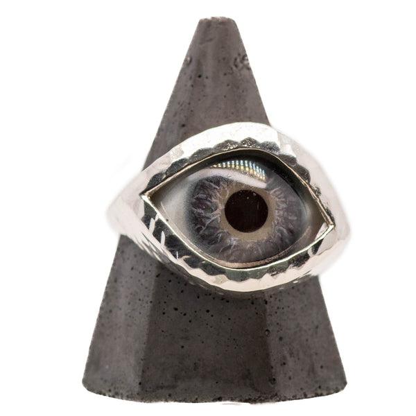 Hand Painted Blue Silver Hammered Eye Ring