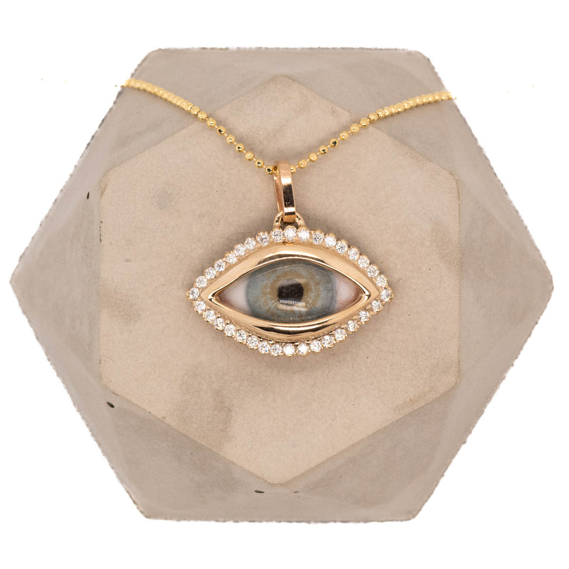 Hand Painted Blue Gold Dali Eye Pendant with Moissanite Halo