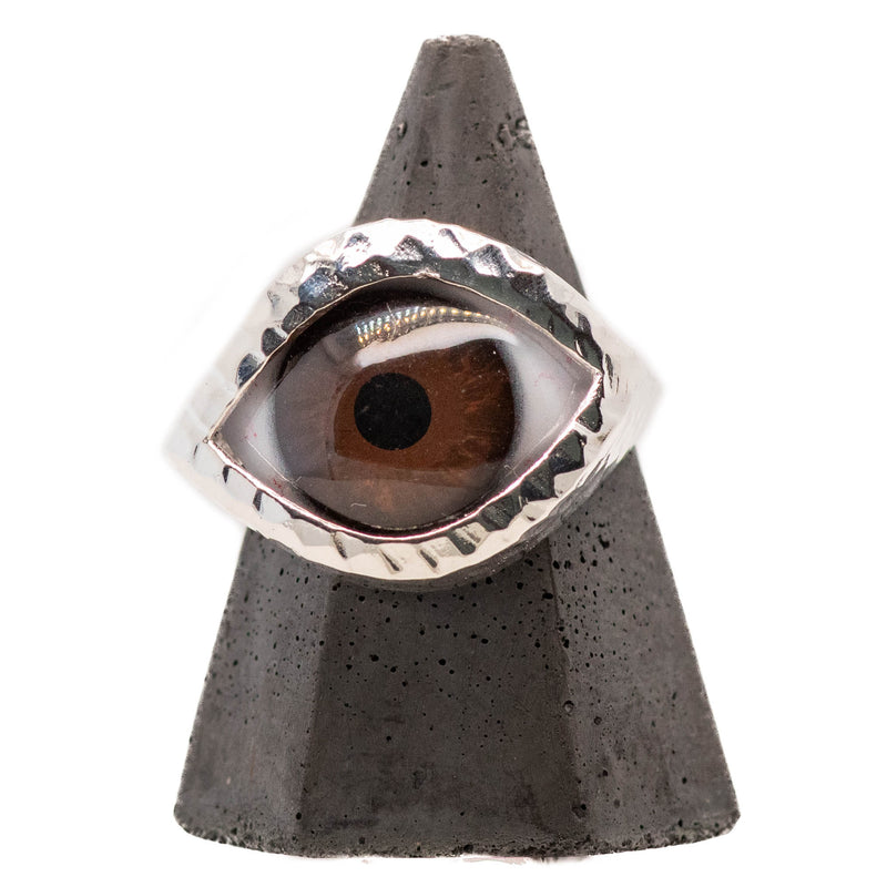 Hand Painted Brown Silver Hammered Eye Ring