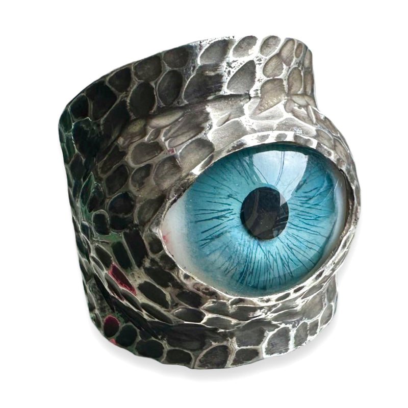 Thorns & Roses Hand Painted Blue Silver Eye Ring