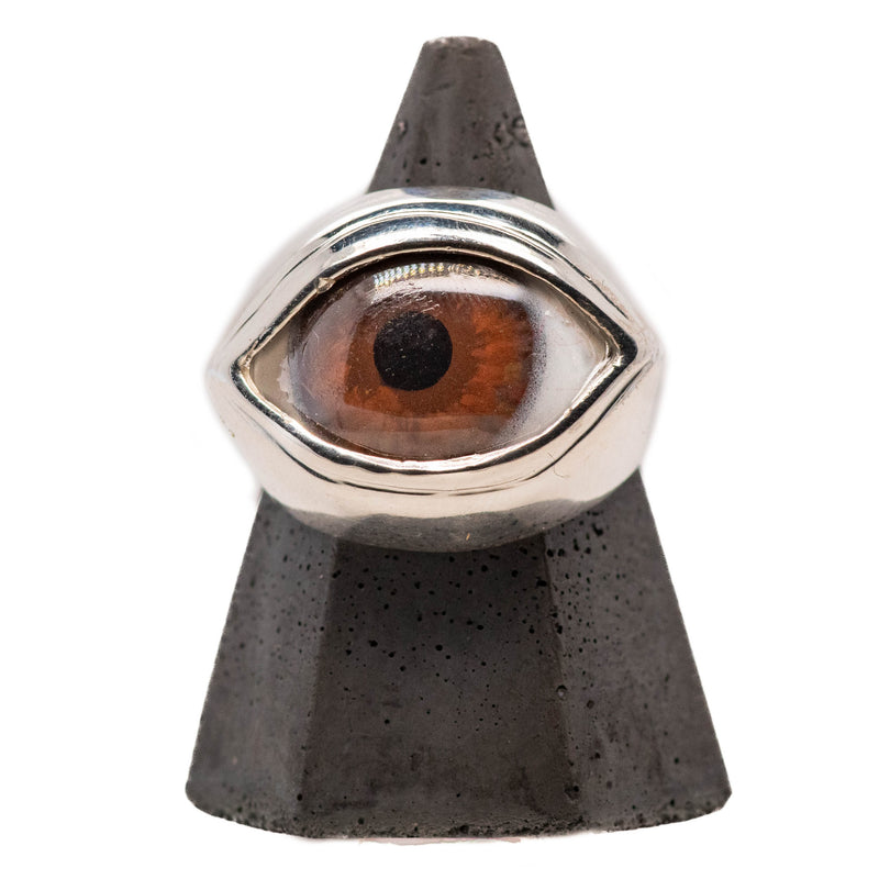 Hand Painted Brown Silver Classic Eye Ring