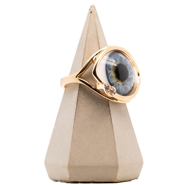 Blue Glass Skeleton Gold Eye Ring With Diamond