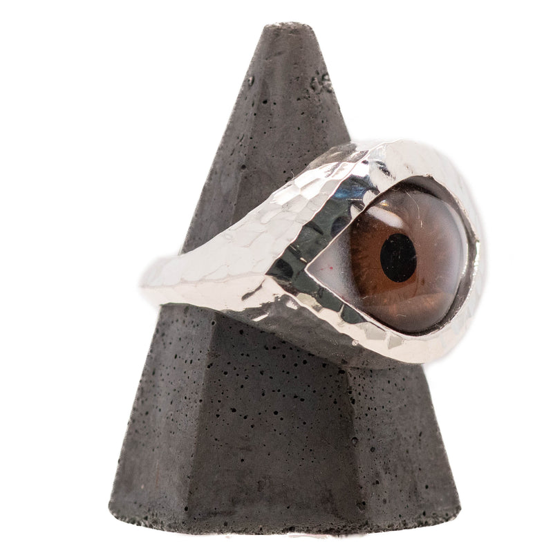 Hand Painted Brown Silver Hammered Eye Ring