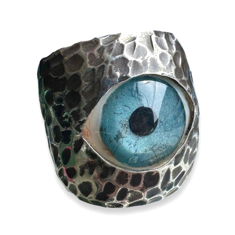 Thorns & Roses Hand Painted Blue Silver Eye Ring