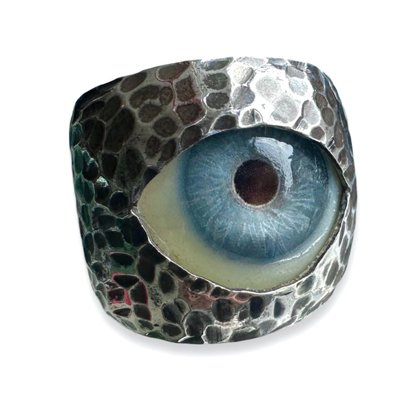 Thorns & Roses Hand Painted Blue Silver Eye Ring