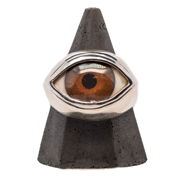 Hand Painted Brown Silver Classic Eye Ring