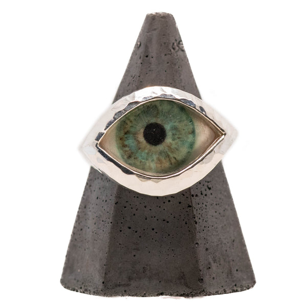 Hand Painted Blue Silver Hammered Eye Ring