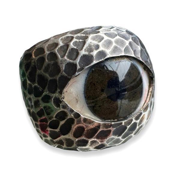 Thorns & Roses Hand Painted Brown Silver Eye Ring