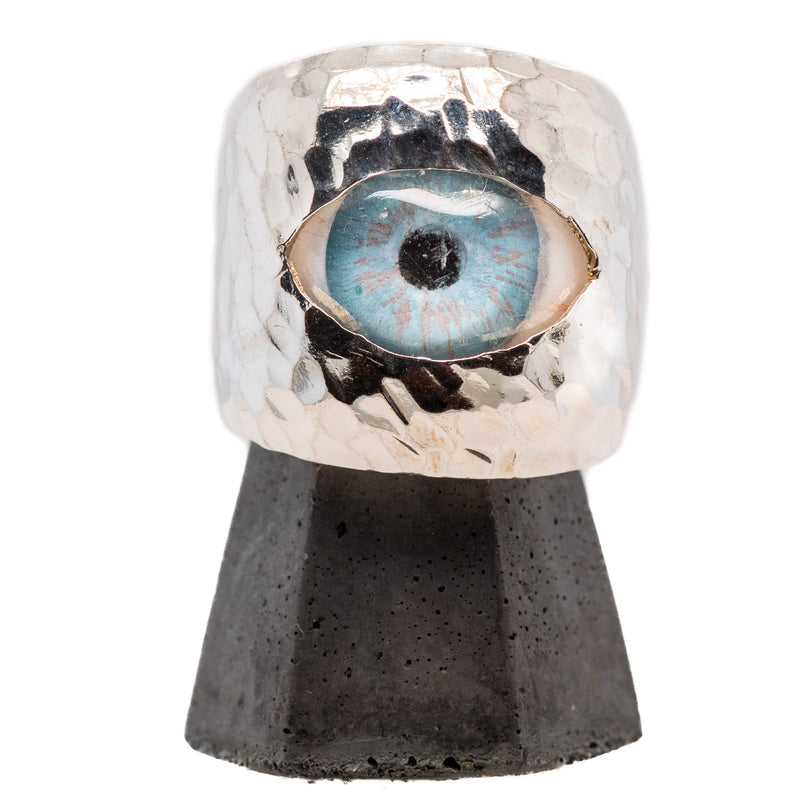 Thorns & Roses Hand Painted Blue Silver Eye Ring