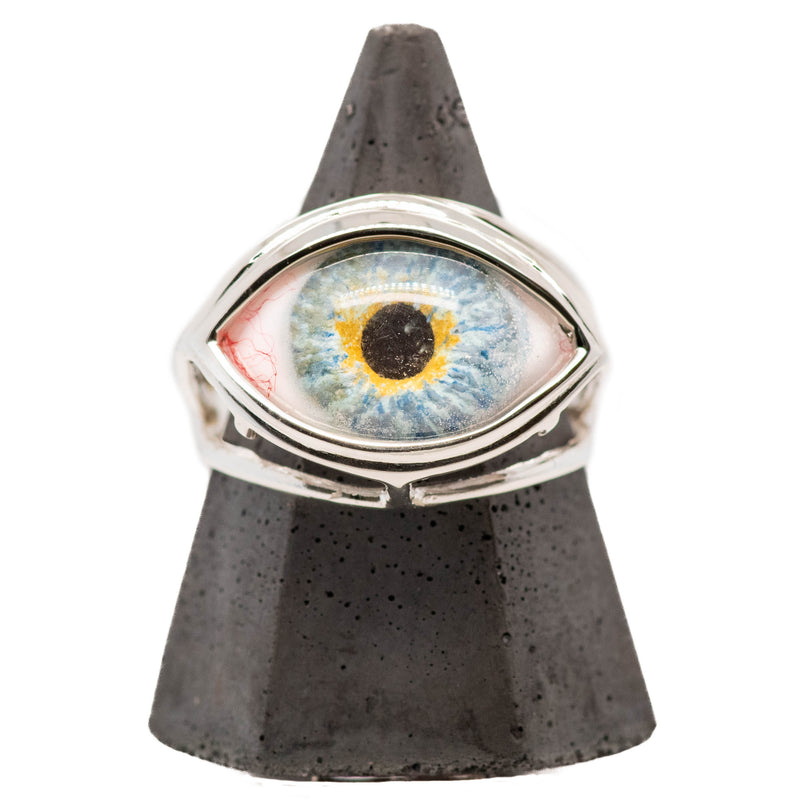 Hand Painted Blue Silver Skeleton Eye Ring