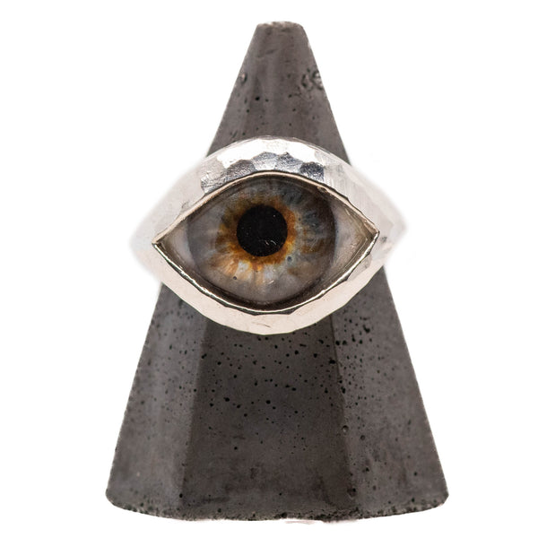 Hand Painted Blue Silver Hammered Eye Ring