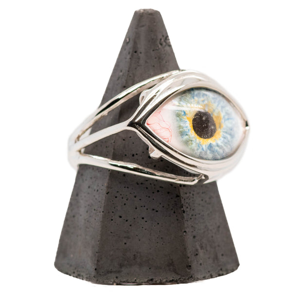 Hand Painted Blue Silver Skeleton Eye Ring