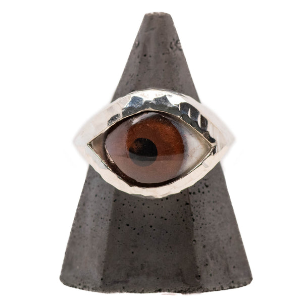 Hand Painted Brown Silver Hammered Eye Ring