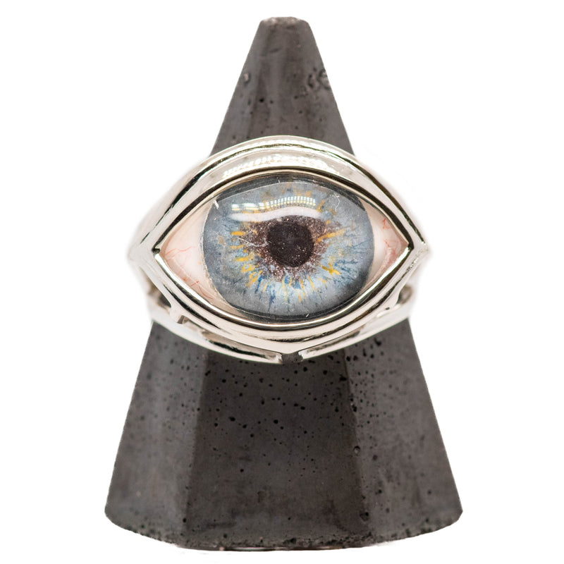 Hand Painted Blue Silver Skeleton Eye Ring