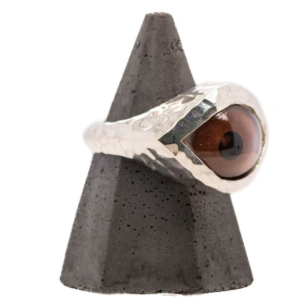 Hand Painted Brown Silver Hammered Eye Ring