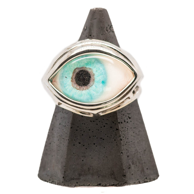 Hand Painted Turquoise Silver Skeleton Eye Ring