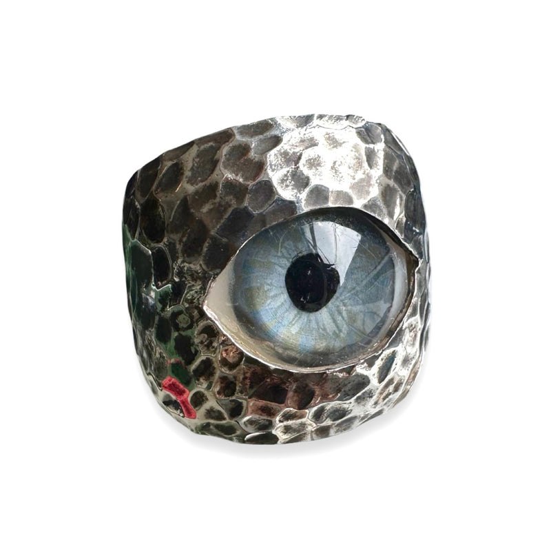 Thorns & Roses Hand Painted Blue Silver Eye Ring