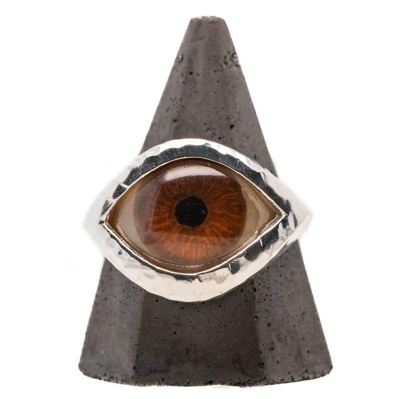 Hand Painted Brown Silver Hammered Eye Ring