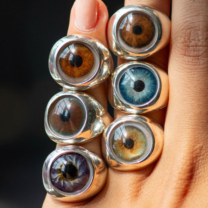 Hand Painted Dark Brown Silver Bubble Eye Ring