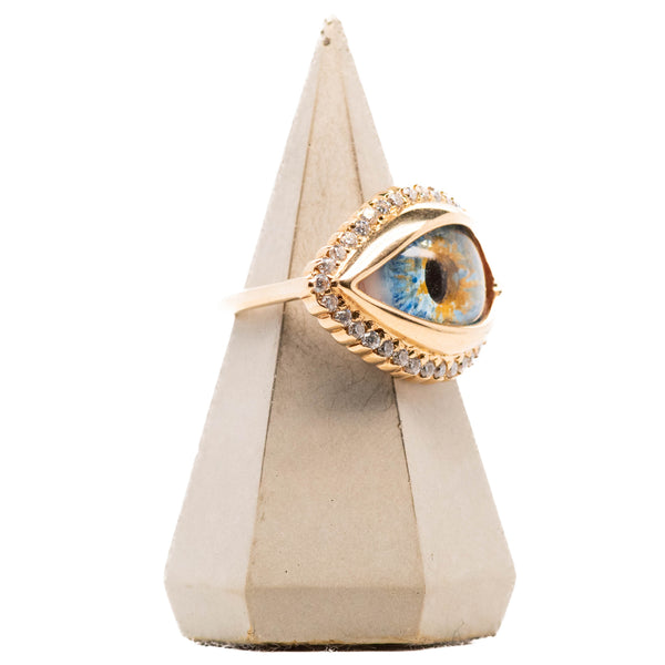 Hand Painted Blue Hazel Gold Dali Eye Ring with Moissanite Halo
