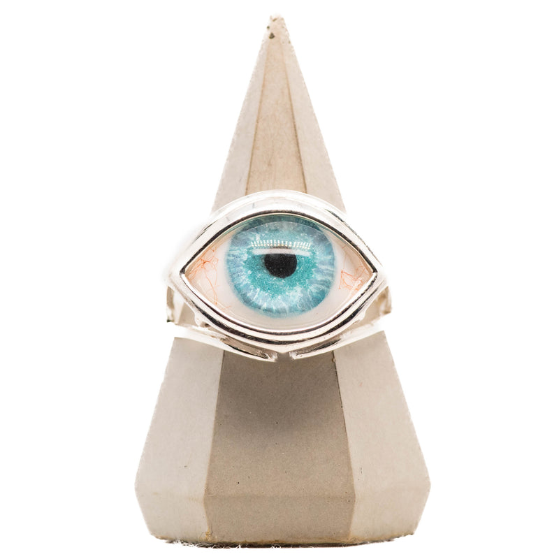 Hand Painted Bright Blue Silver Skeleton Eye Ring