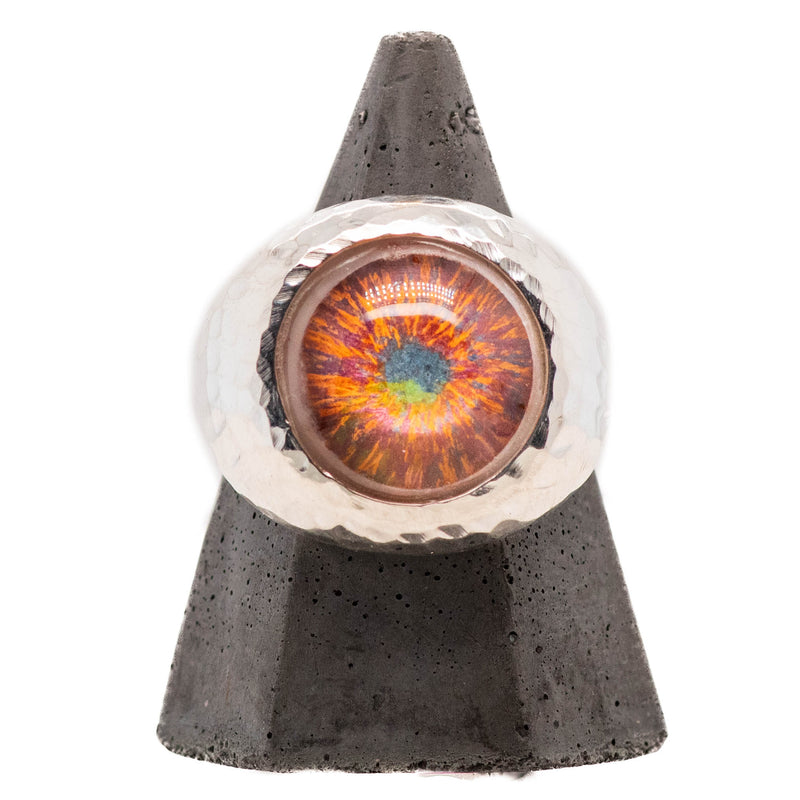 Hand Painted Multicolored Silver Hammered Bubble Eye Ring