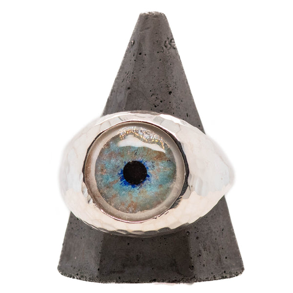 Hand Painted Blue Silver Hammered Bubble Eye Ring