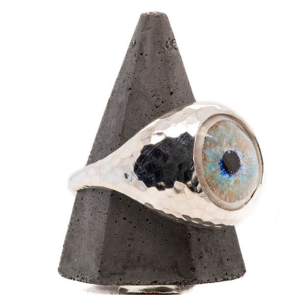 Hand Painted Blue Silver Hammered Bubble Eye Ring