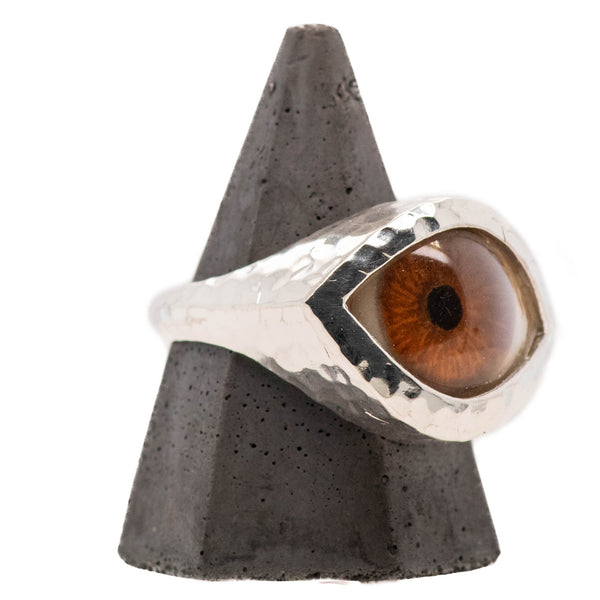 Hand Painted Brown Silver Hammered Eye Ring